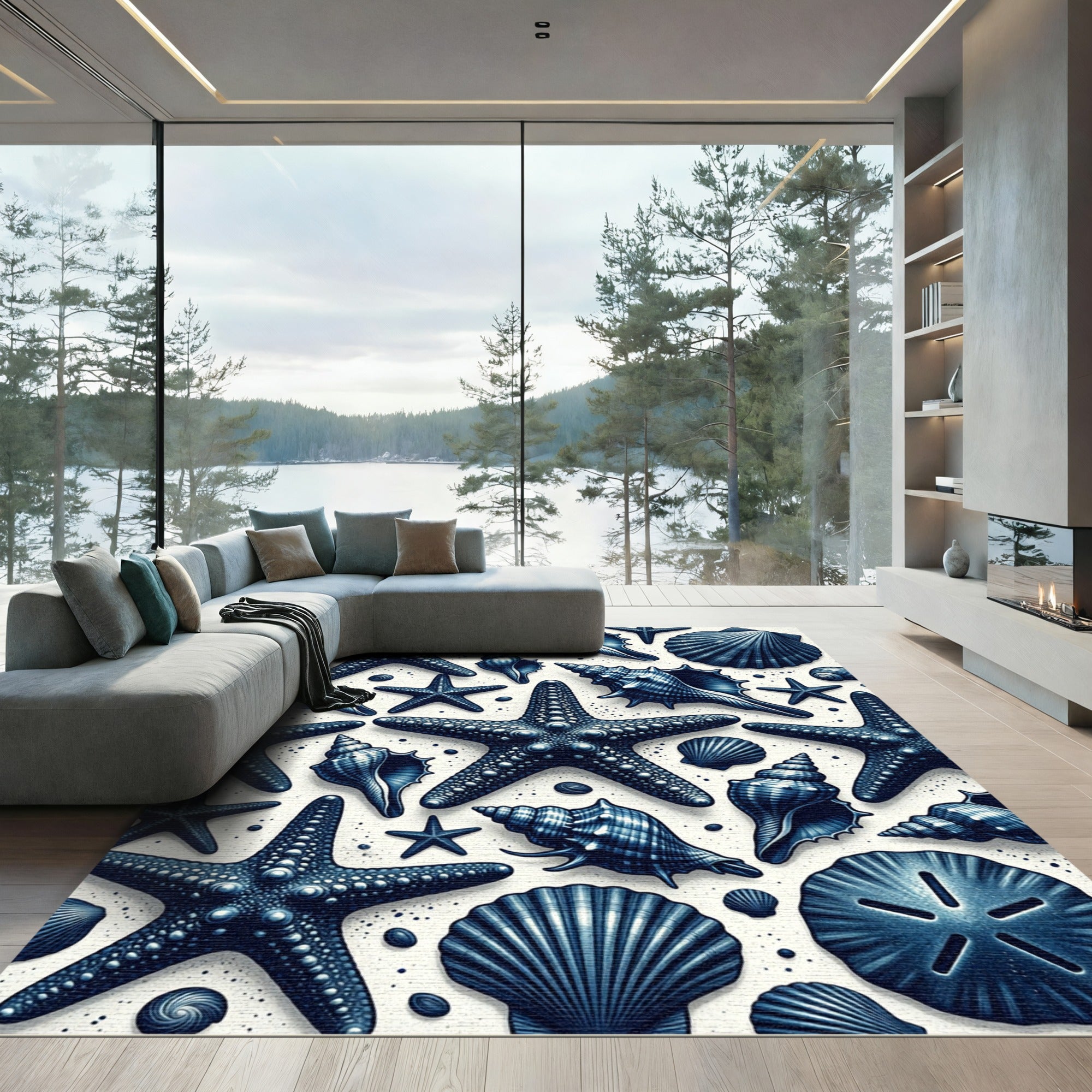 Indigo Starfish Seashell Collage Rug