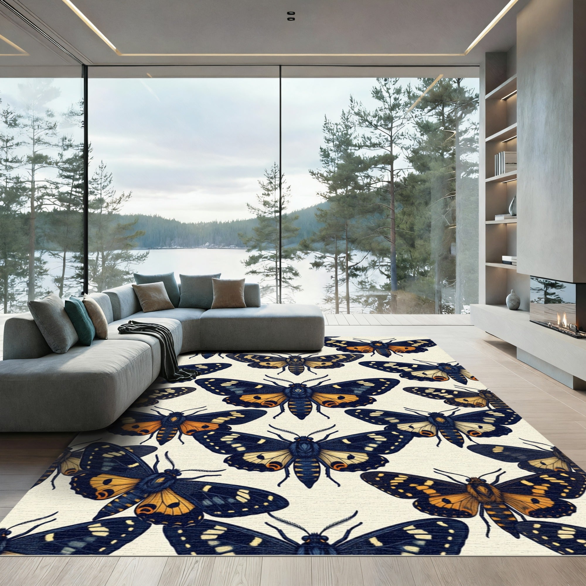 Golden Moth Ink Illustration Art Rug