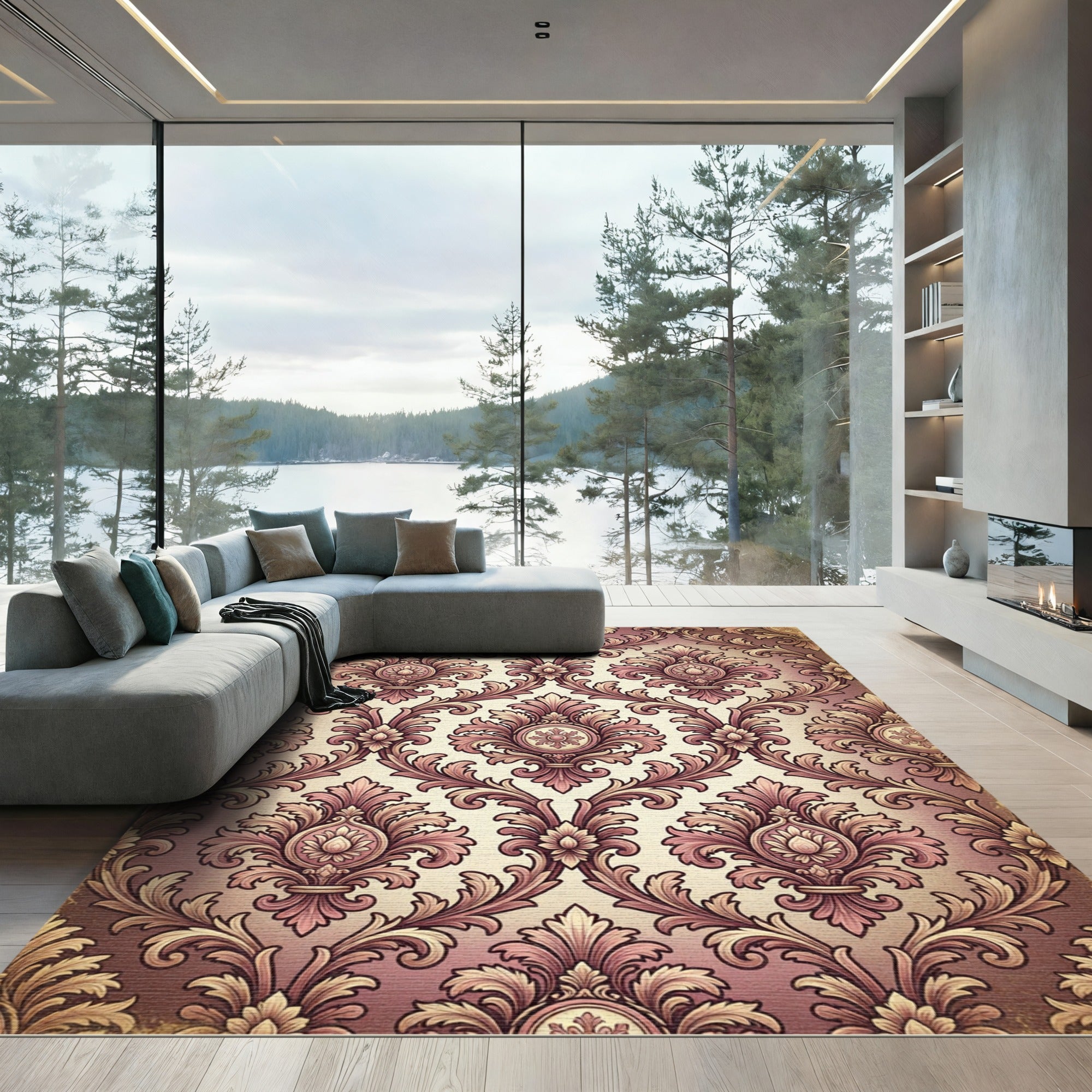 Ornate Mauve Damask Floral Scroll Rug