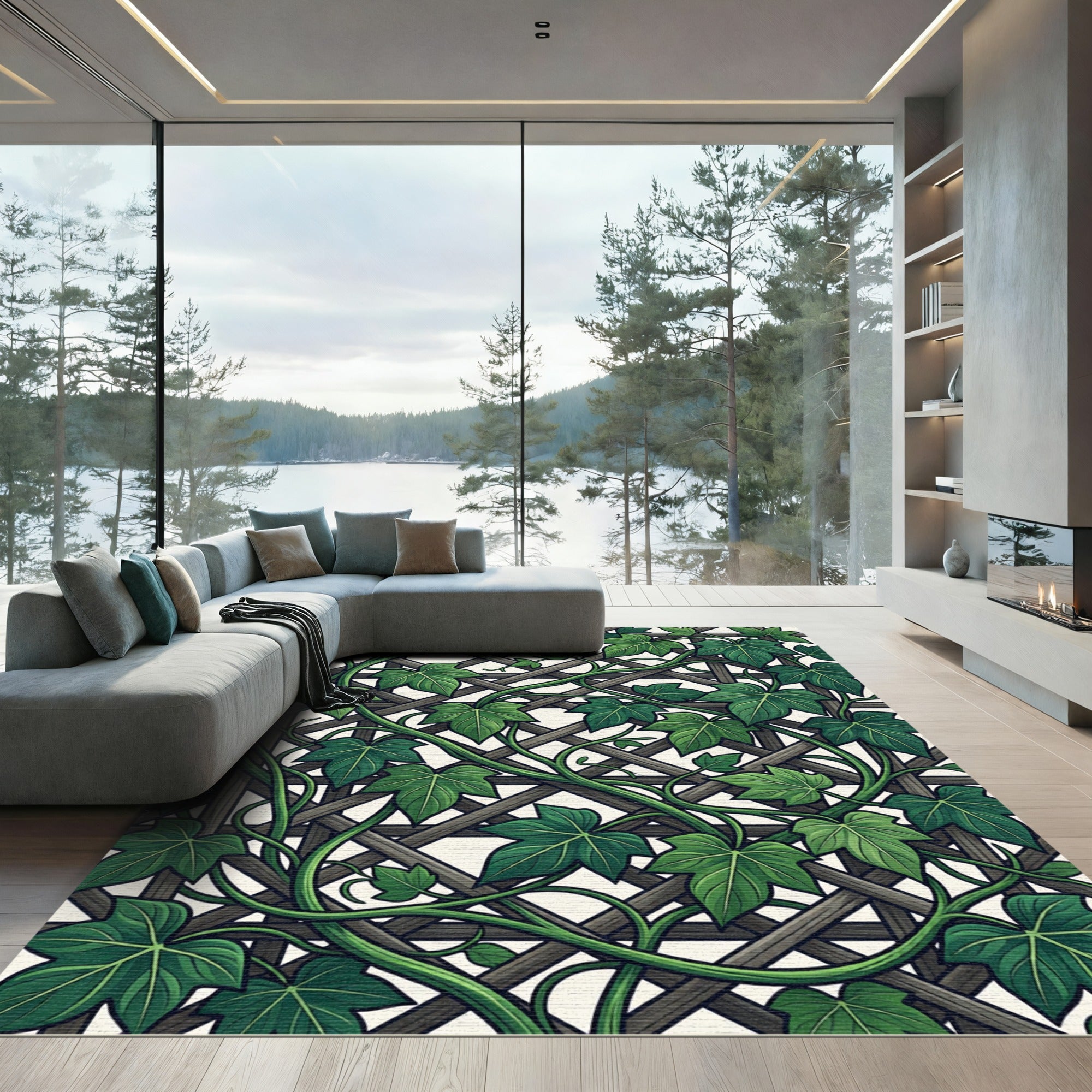 Lush Green Ivy Lattice Trellis Rug