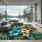 Bright Teal White Exotic Flora Jungle Rug