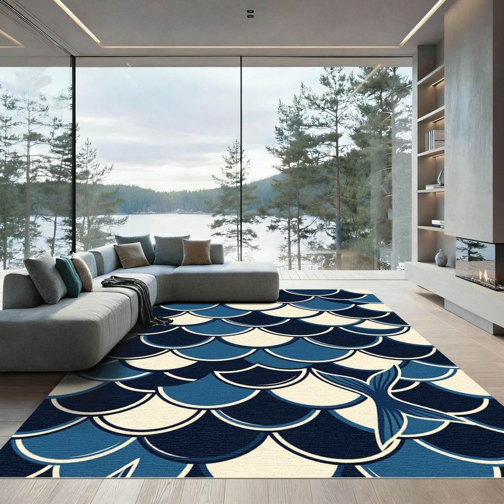 Navy Blue Scalloped Mermaid Scale Rug