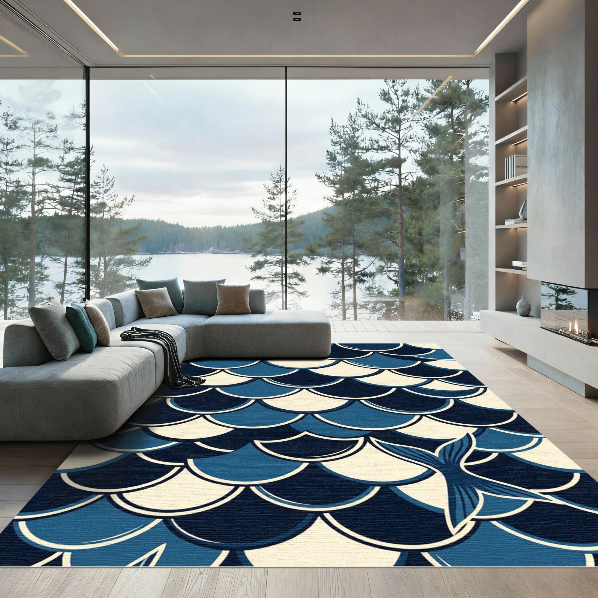 Navy Blue Scalloped Mermaid Scale Rug