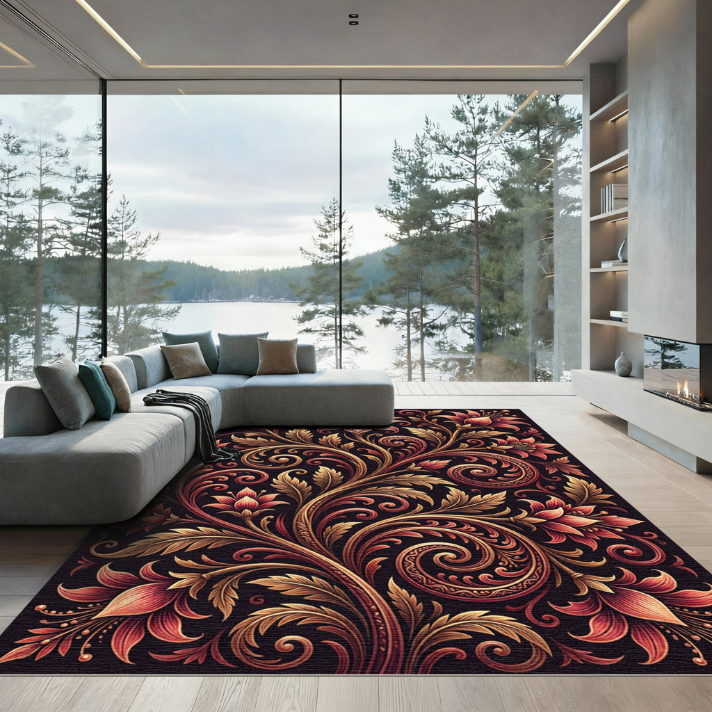 Elegant Crimson Floral Gold Swirl Rug