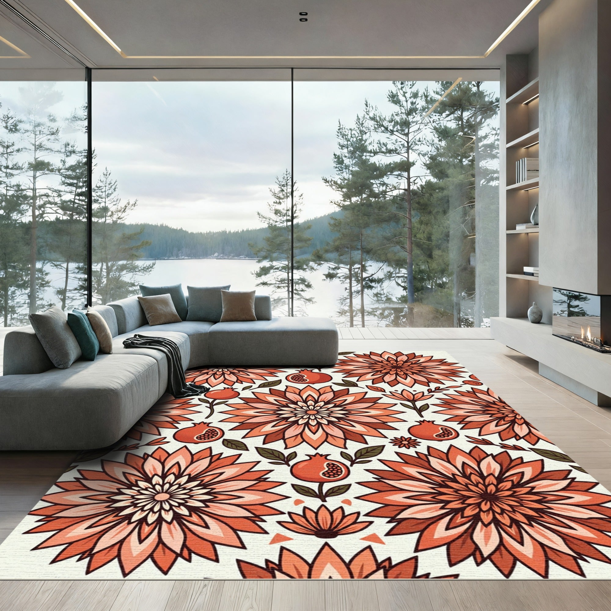Terracotta Floral Pomegranate Botanical Illustration Rug