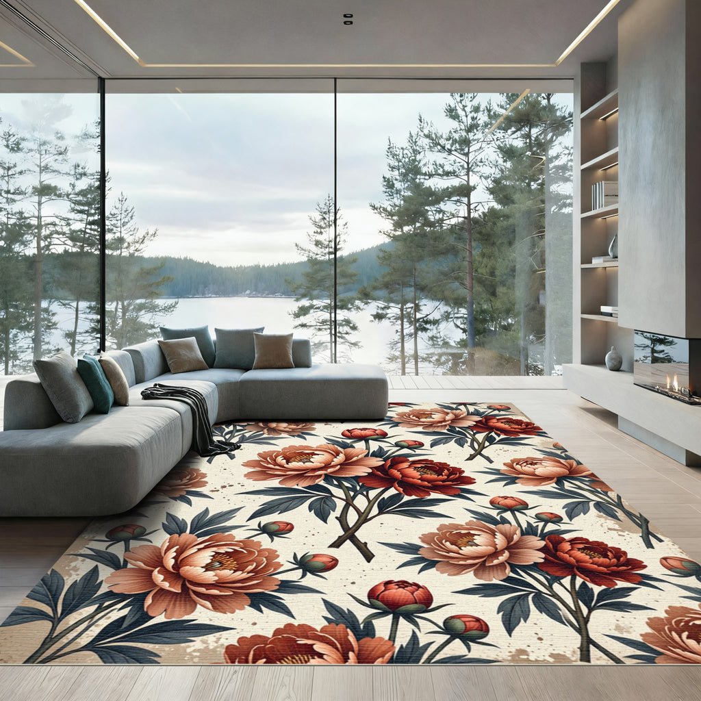 Elegant Crimson Peony Floral Botanical Rug