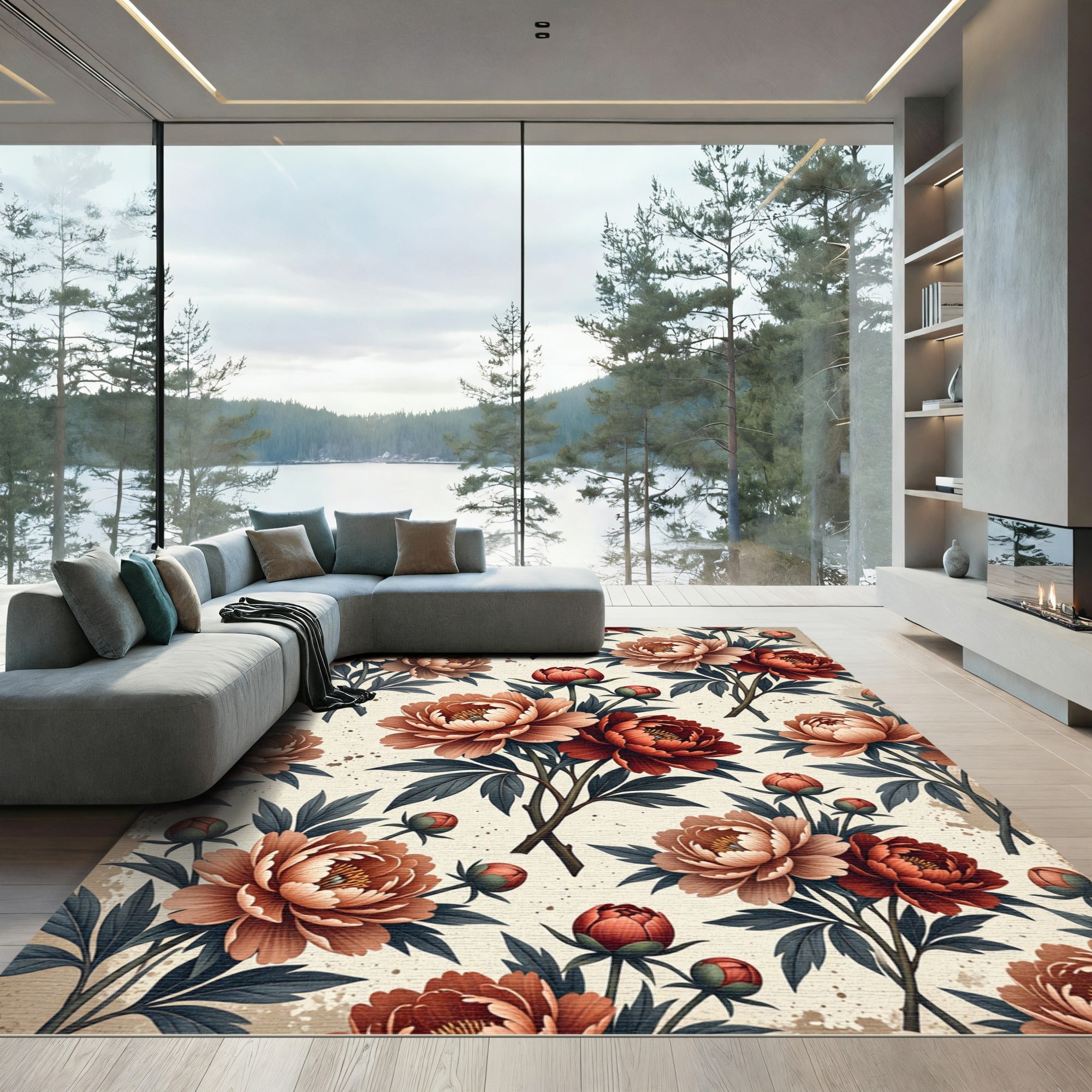 Elegant Crimson Peony Floral Botanical Rug