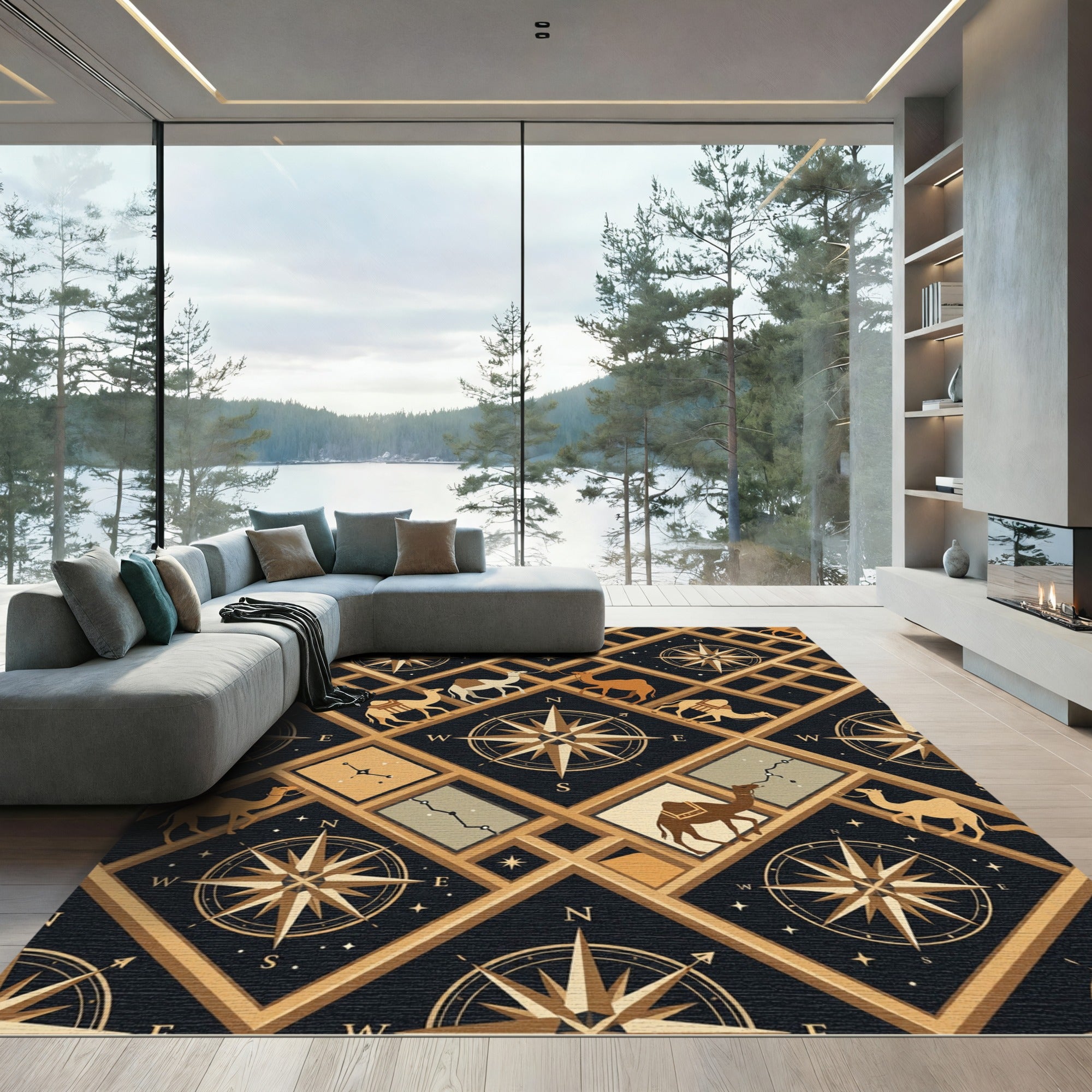Golden Camel Compass Star Grid Rug