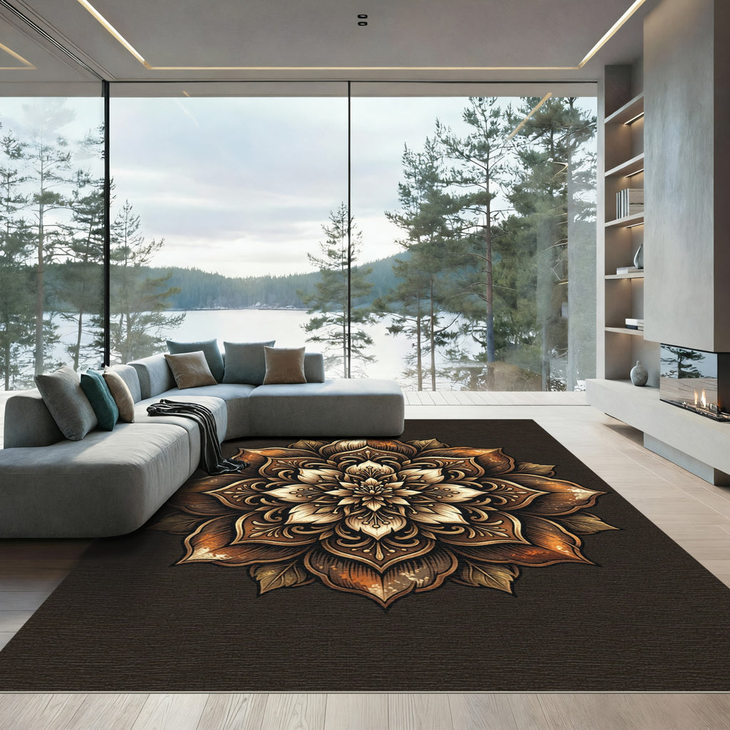 Ornate Bronze Floral Lotus Medallion Rug