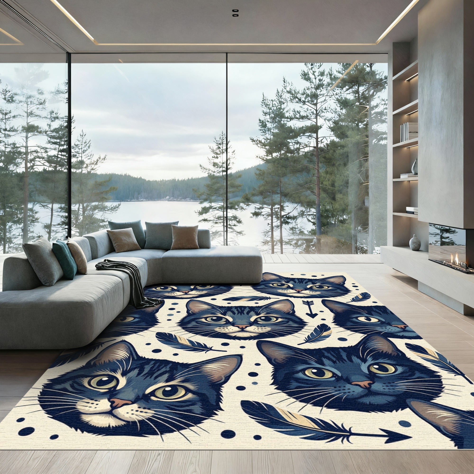 Whimsical Navy Cat Feather Boho Illustration Rug