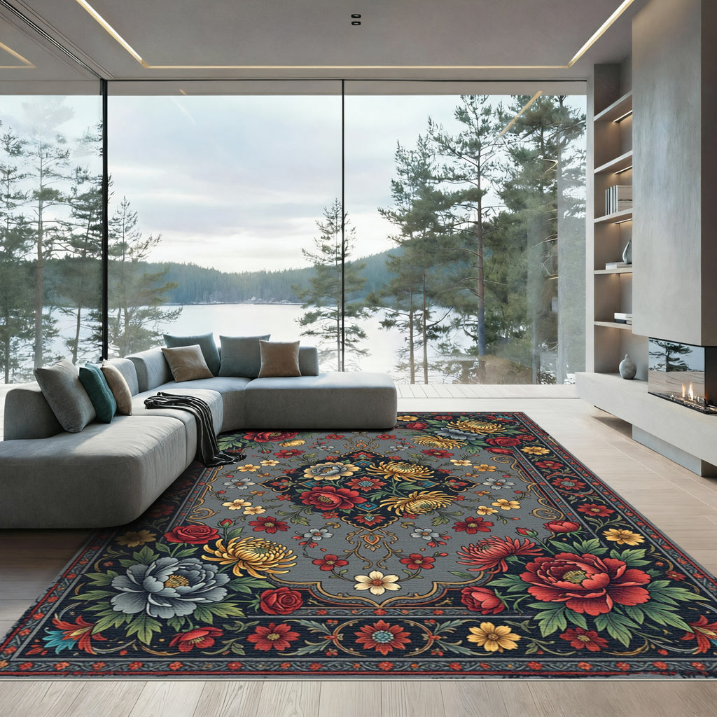 Elegance Gray Floral Medallion Garden Rug