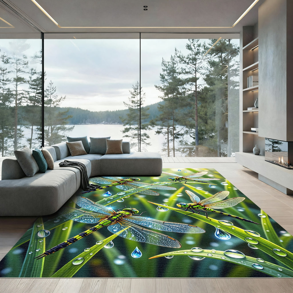 Lush Green Dragonfly Morning Dew Meadow Rug
