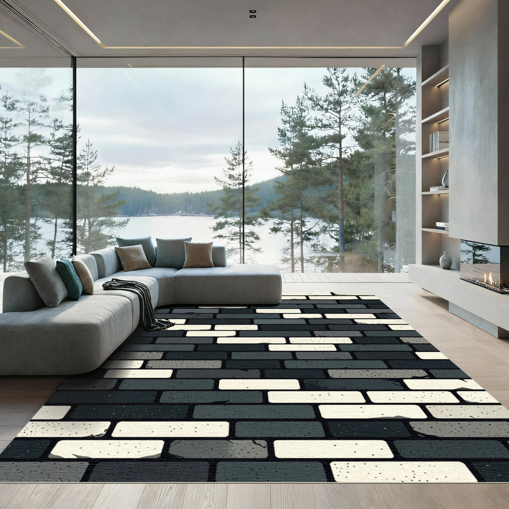 Monochrome Distressed Brick Pattern Rug