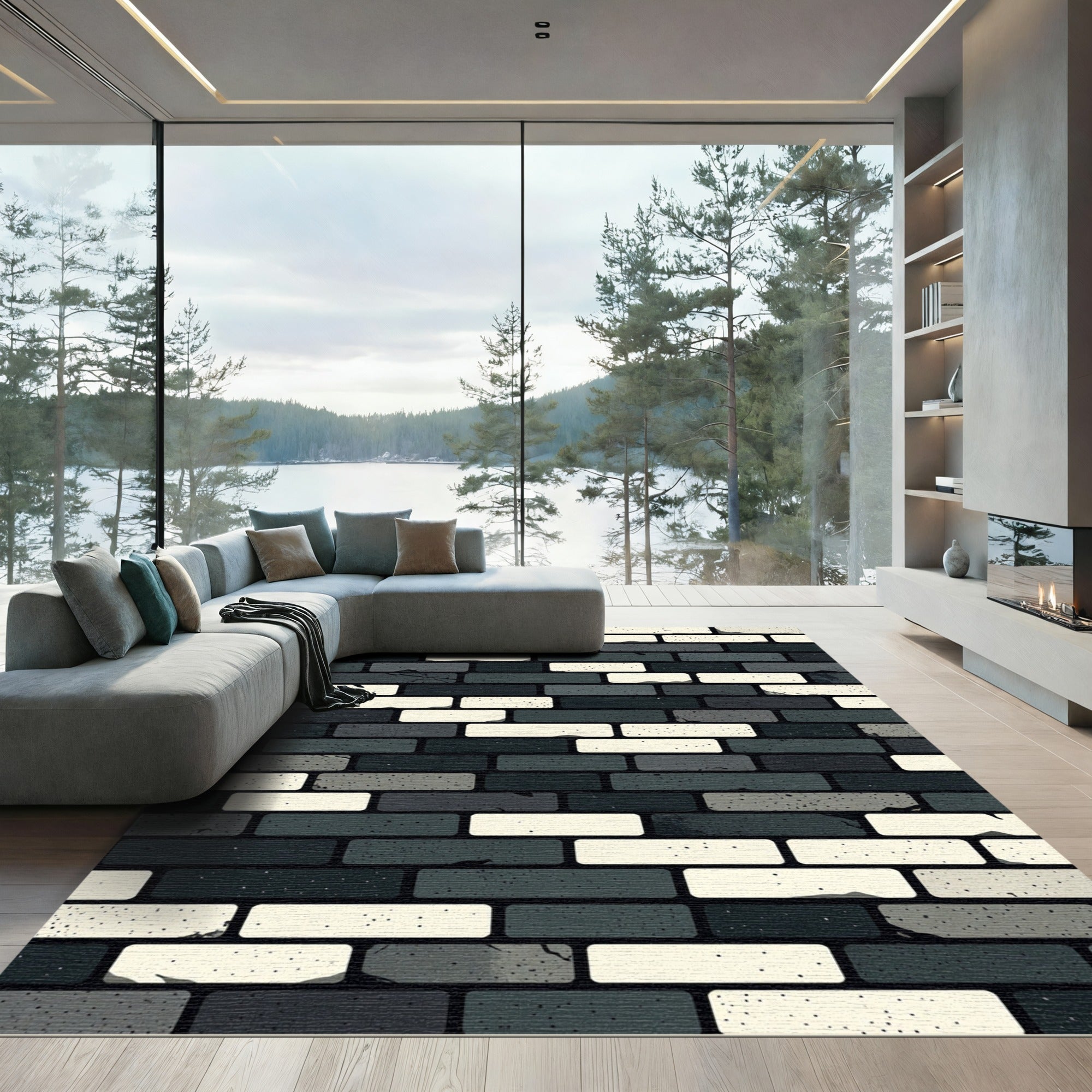 Monochrome Distressed Brick Pattern Rug