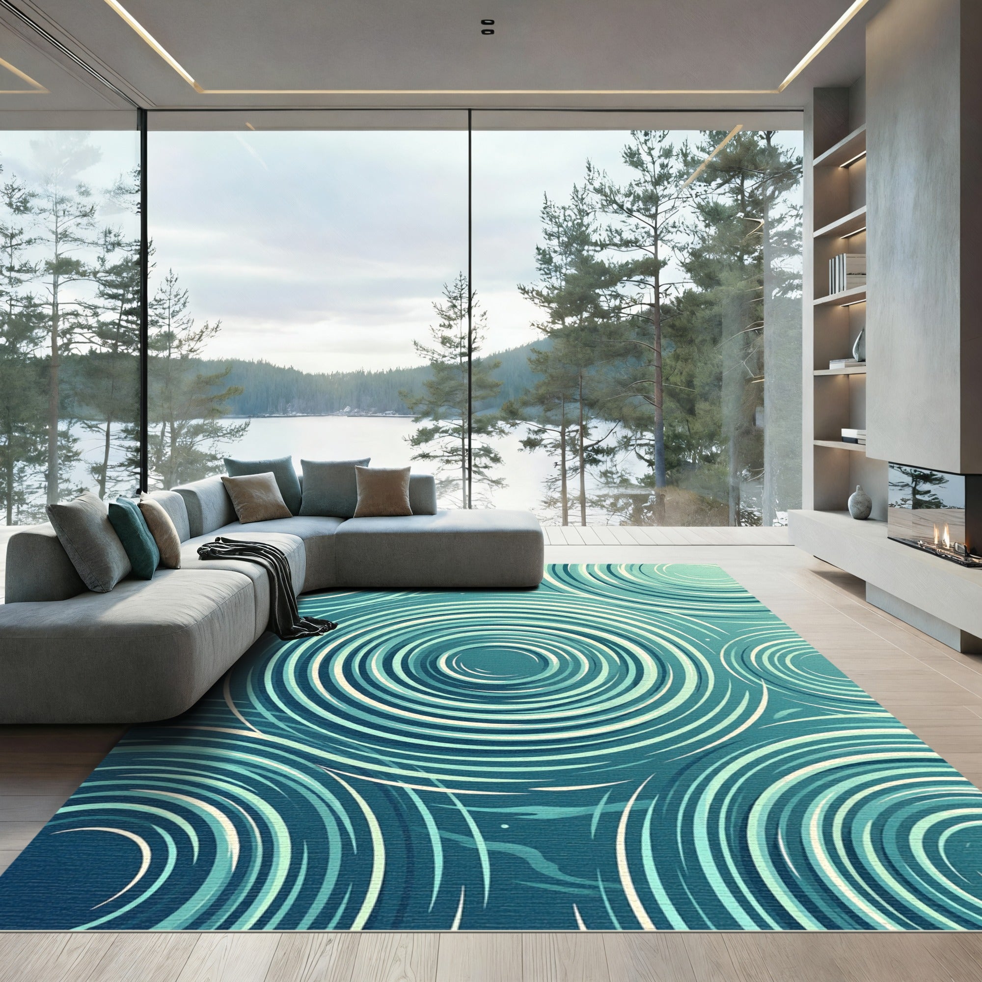 Teal Water Ripple Concentric Circles Rug