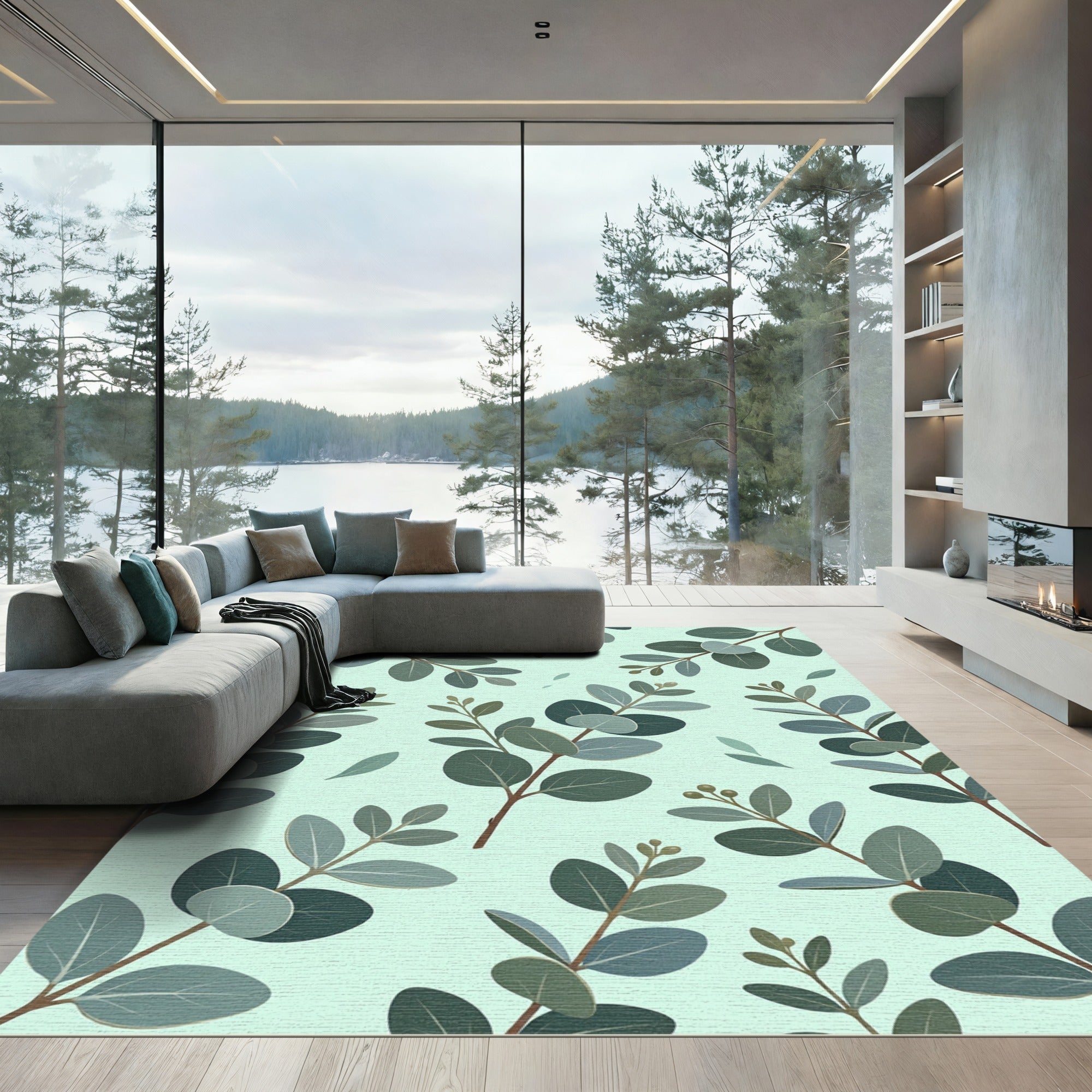 Soft Sage Eucalyptus Leafy Botanical Rug