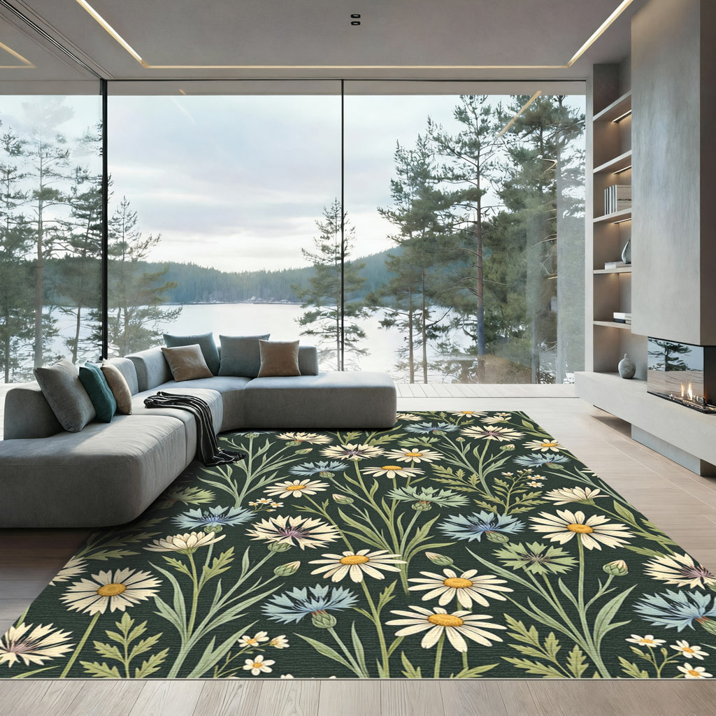 Botanical Meadow Wildflower Dark Green Rug