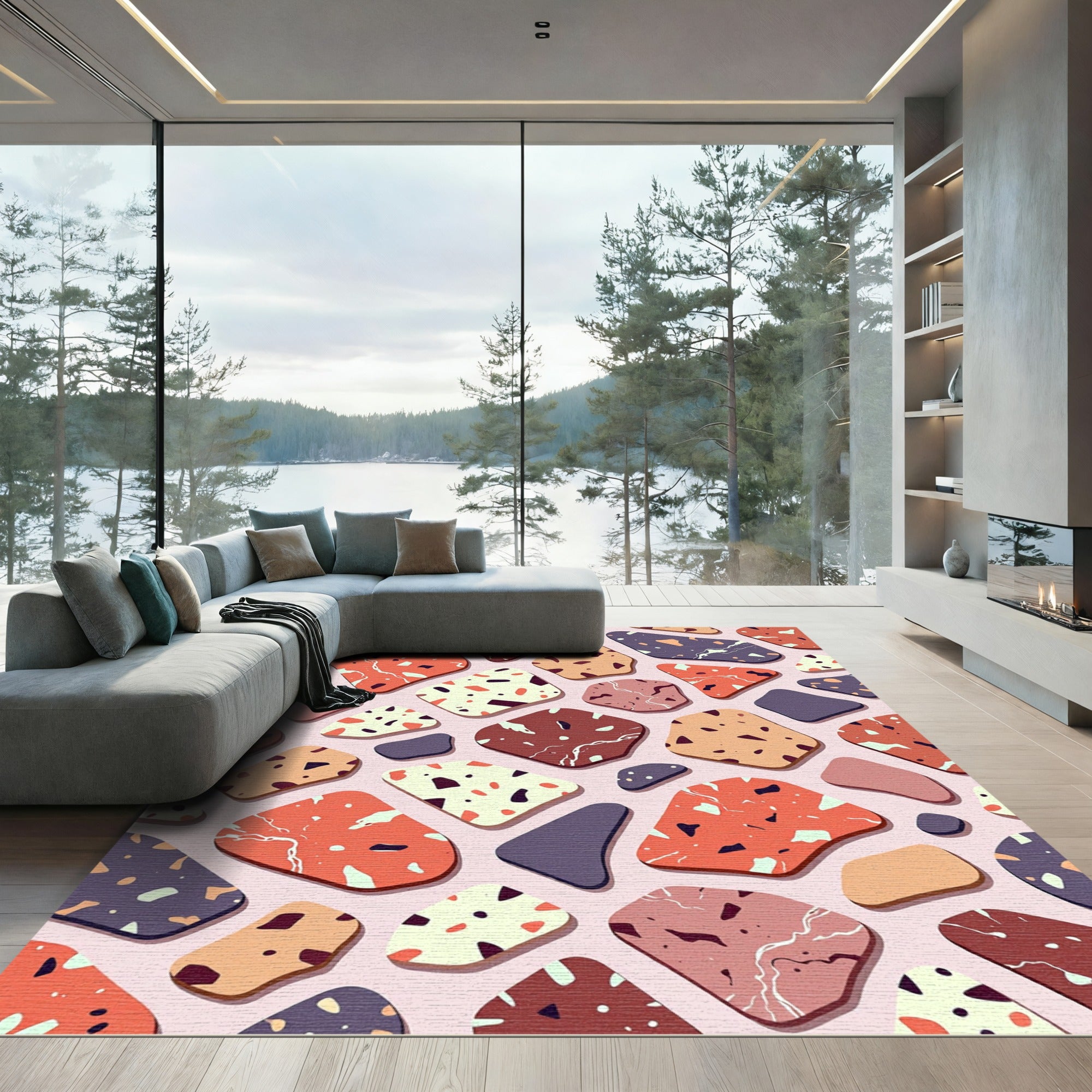 Abstract Terrazzo Shapes Peach Indigo Rug