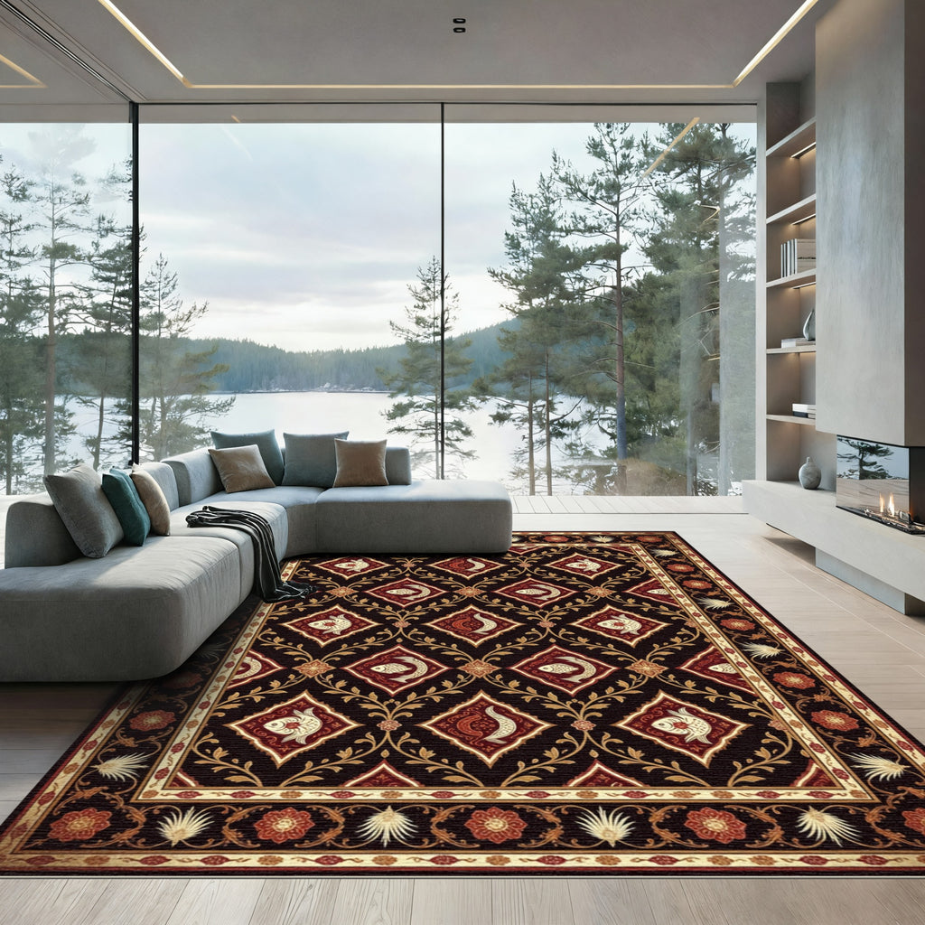 Deep Burgundy Floral Fish Diamond Tapestry Rug