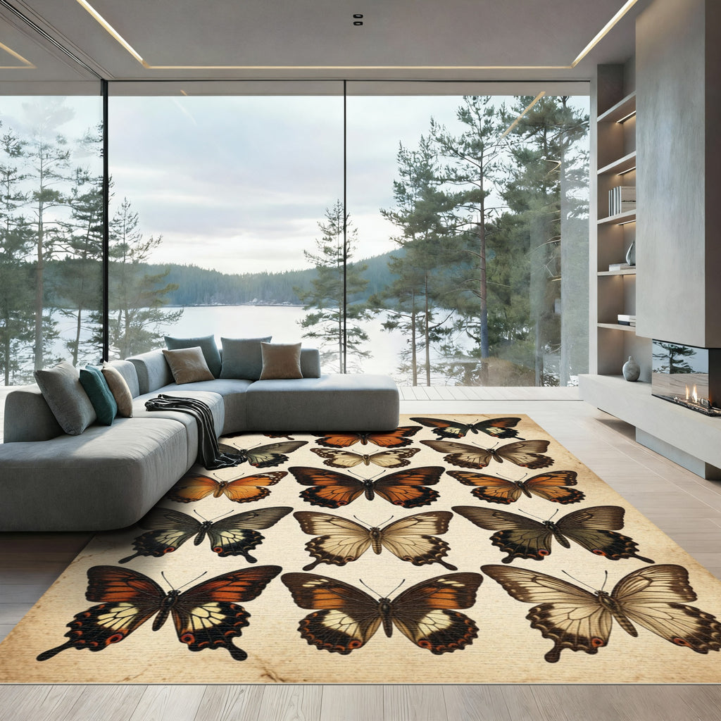 Vintage Amber Butterfly Botanical Illustration Rug