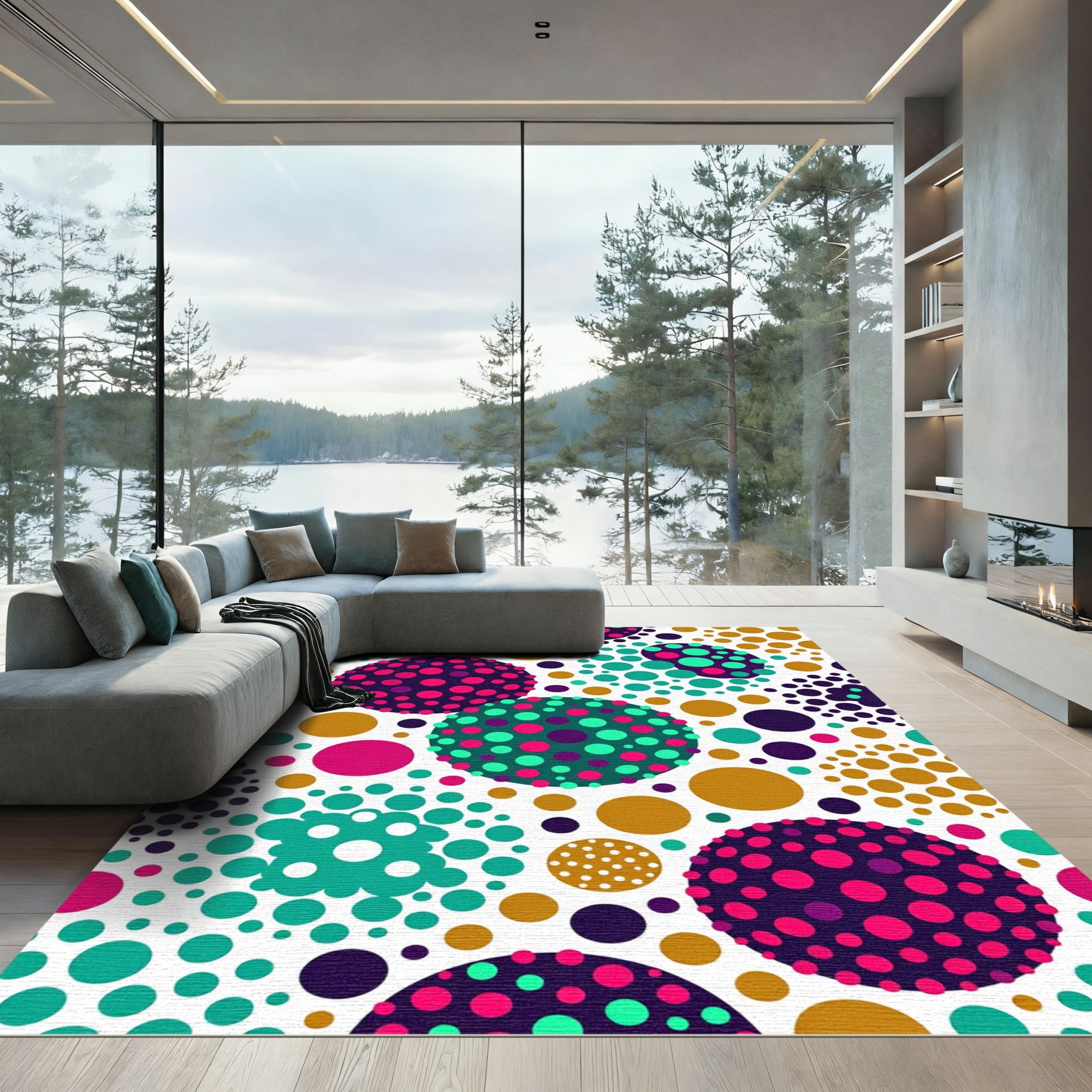 Vibrant Multicolored Polka Dot Spheres Rug