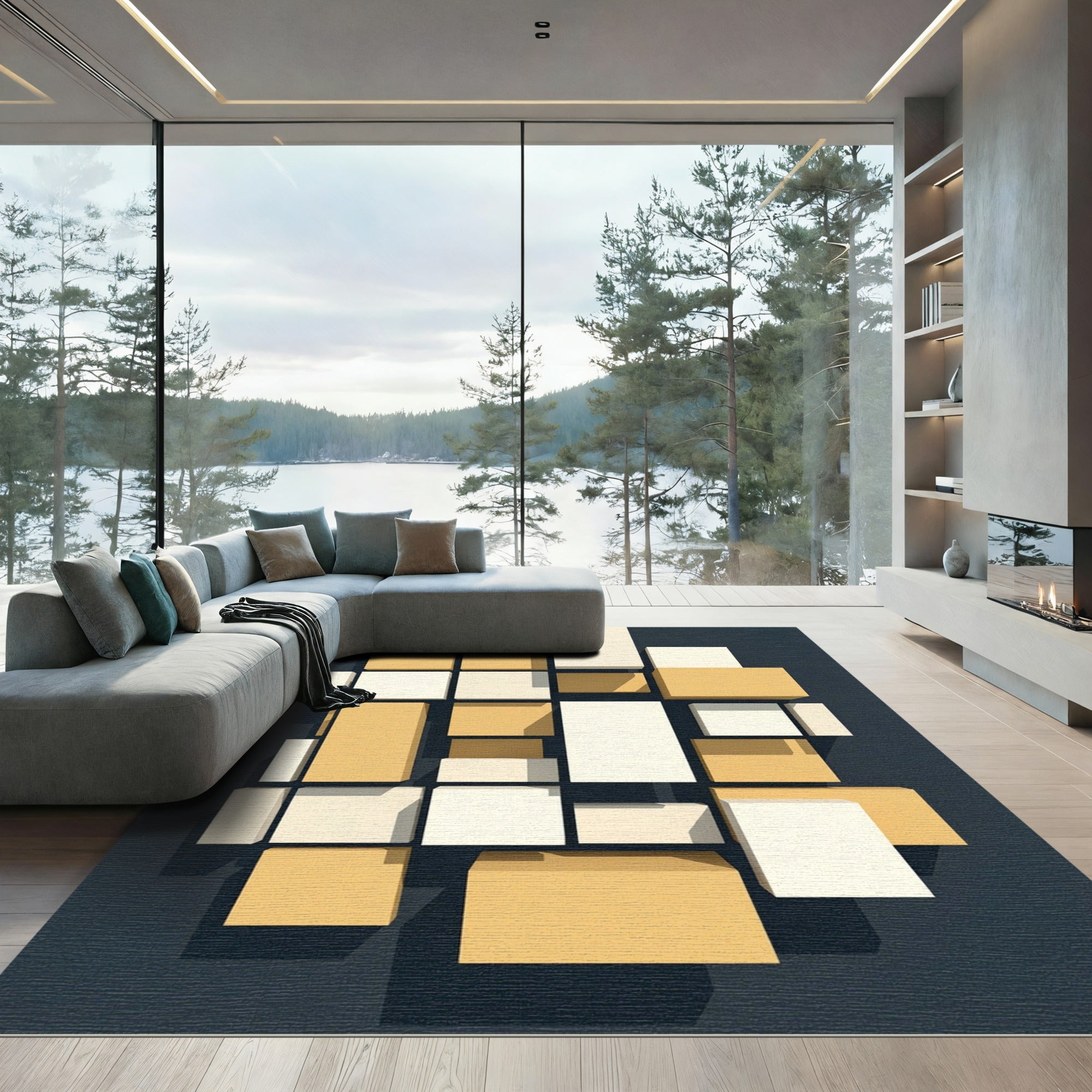 Minimalist Geometric Cream and Ochre Block Rug