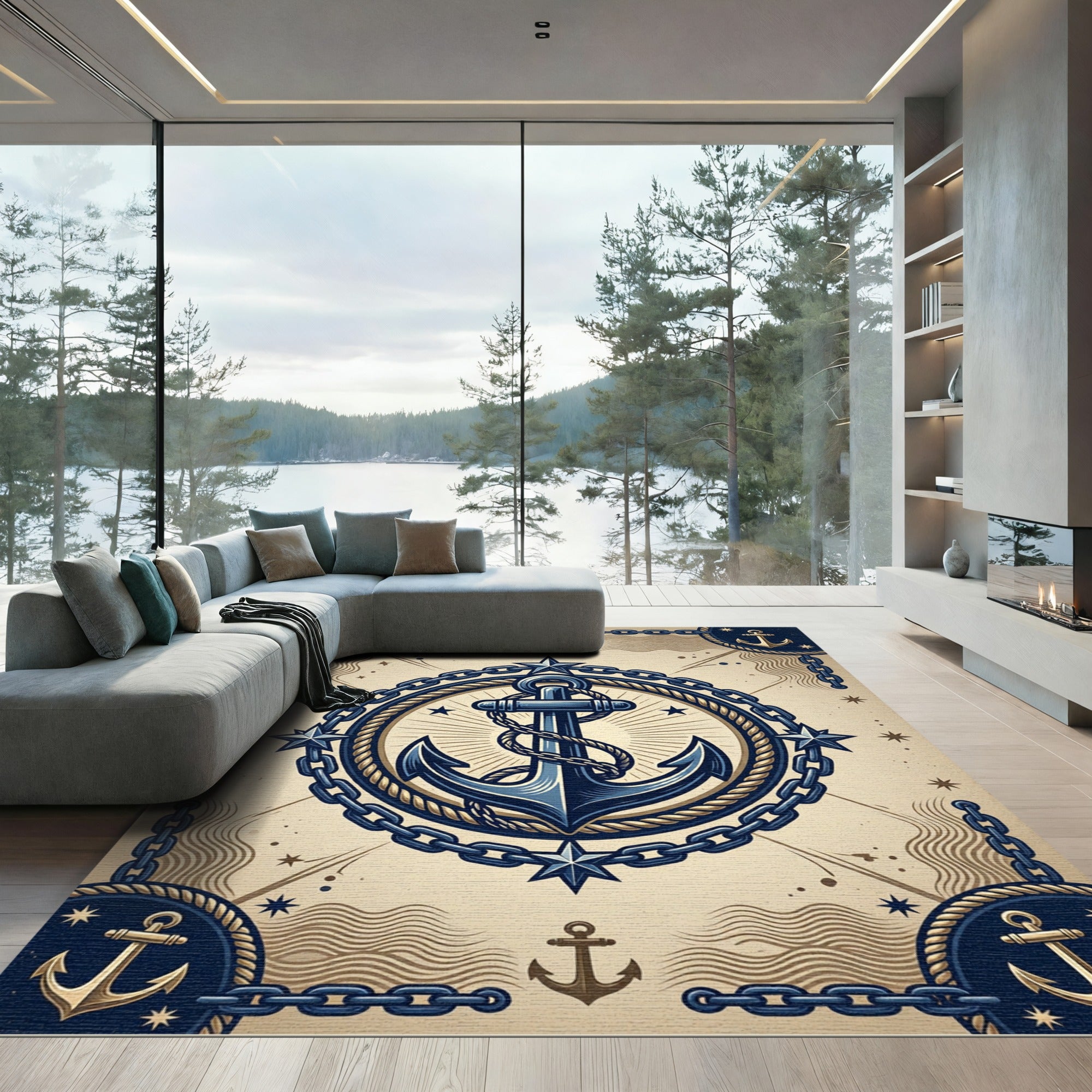 Nautical Blue Anchor and Rope Embellishment Rug