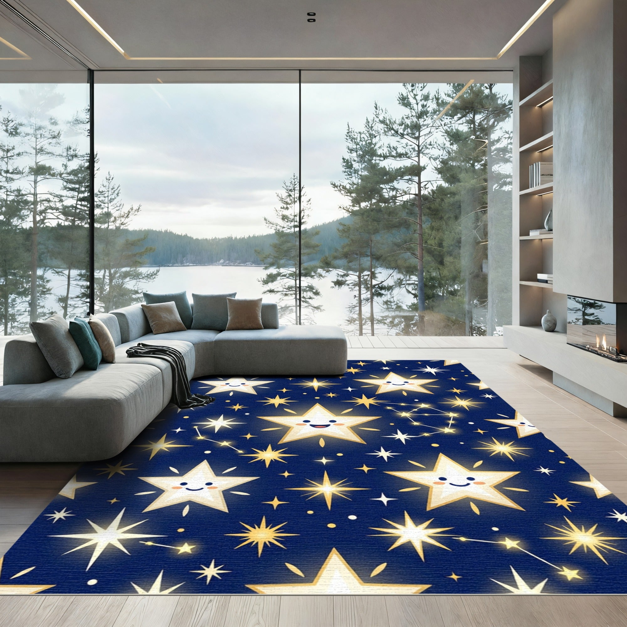 Whimsical Glowing Star Constellation Navy Rug