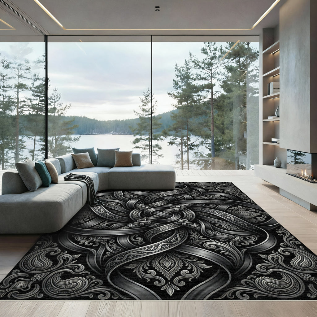 Monochromatic Silver Intricate Paisley Knot Rug