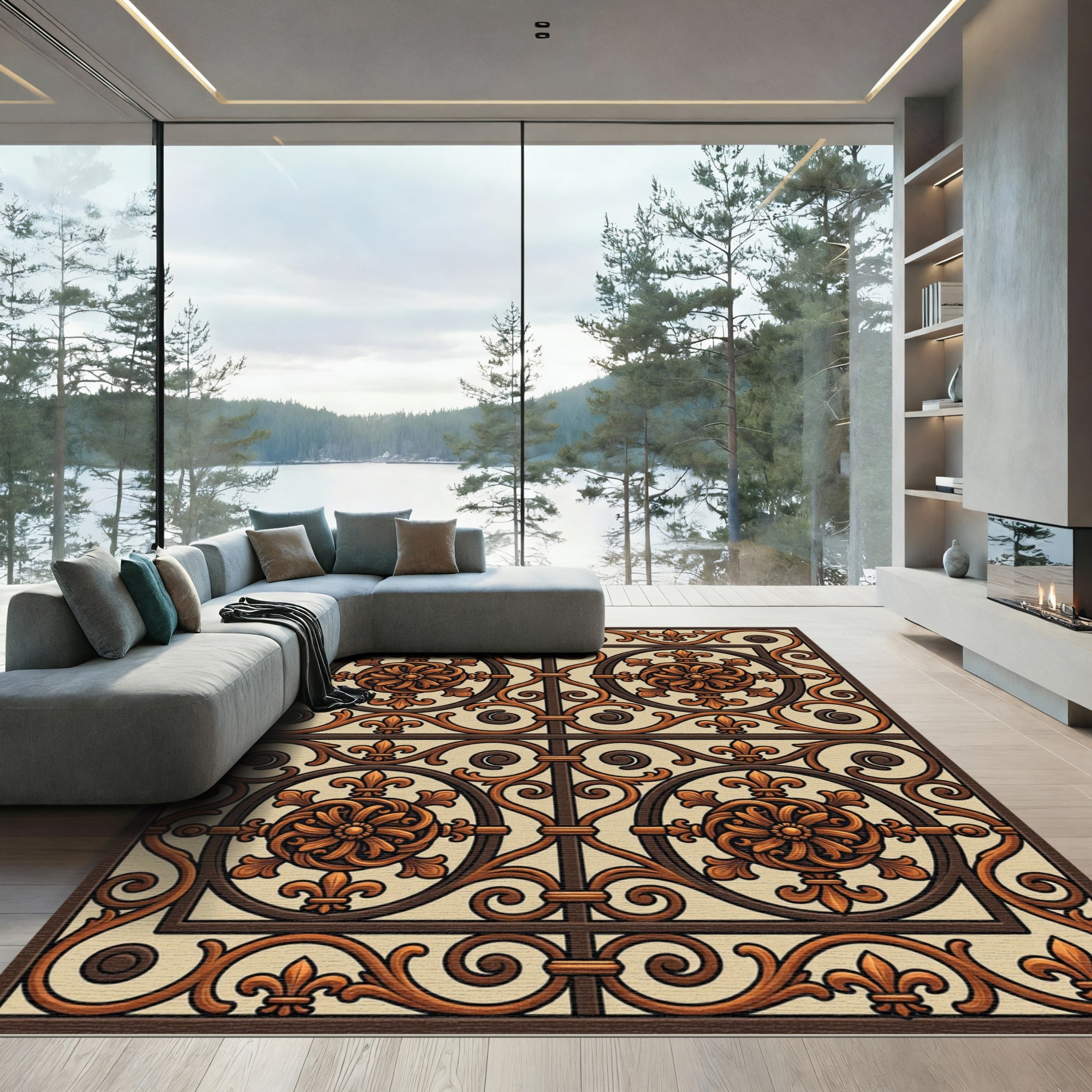 Ornate Brown Medallion Fleur-de-lis Grid Rug