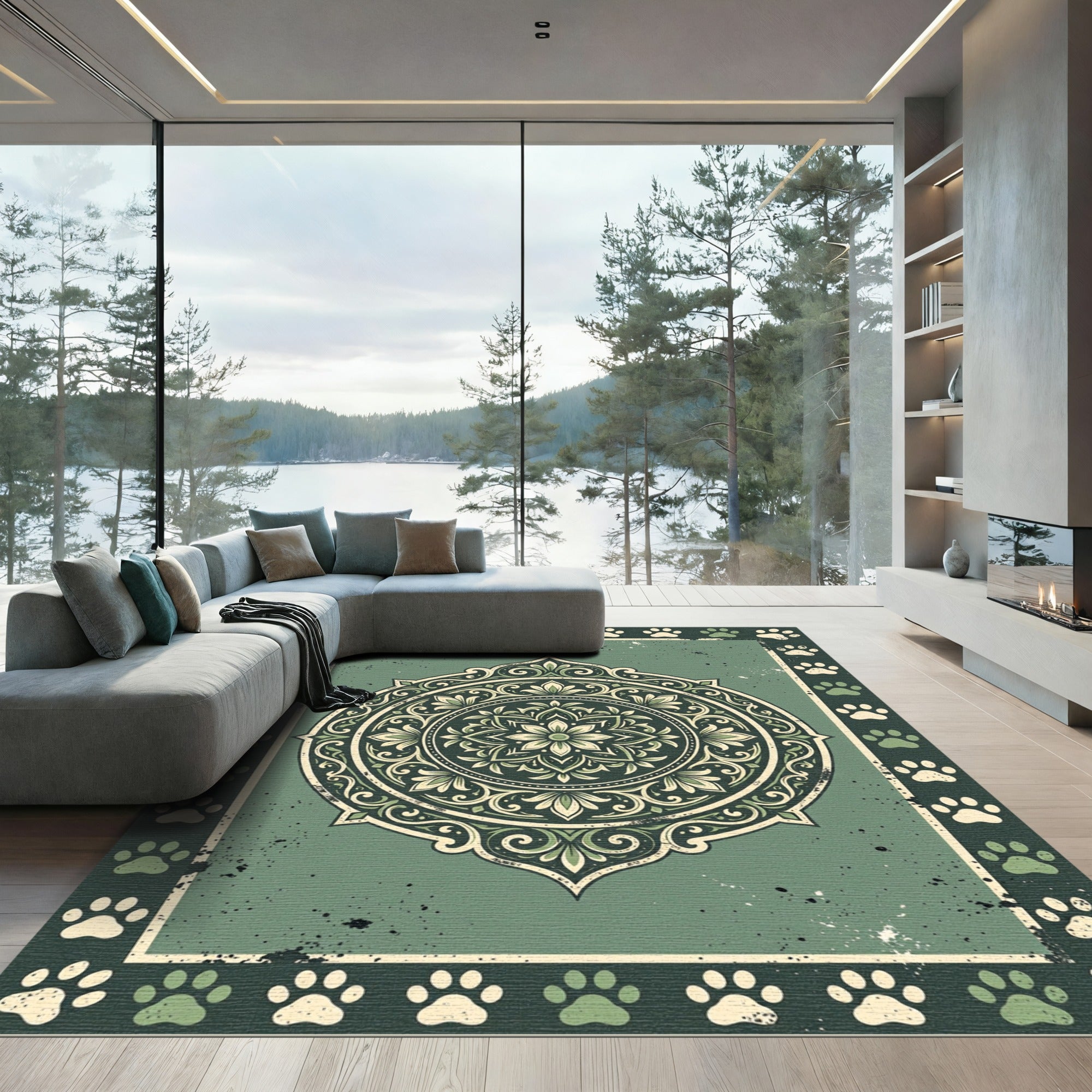 Sage Green Paw Print Floral Medallion Rug