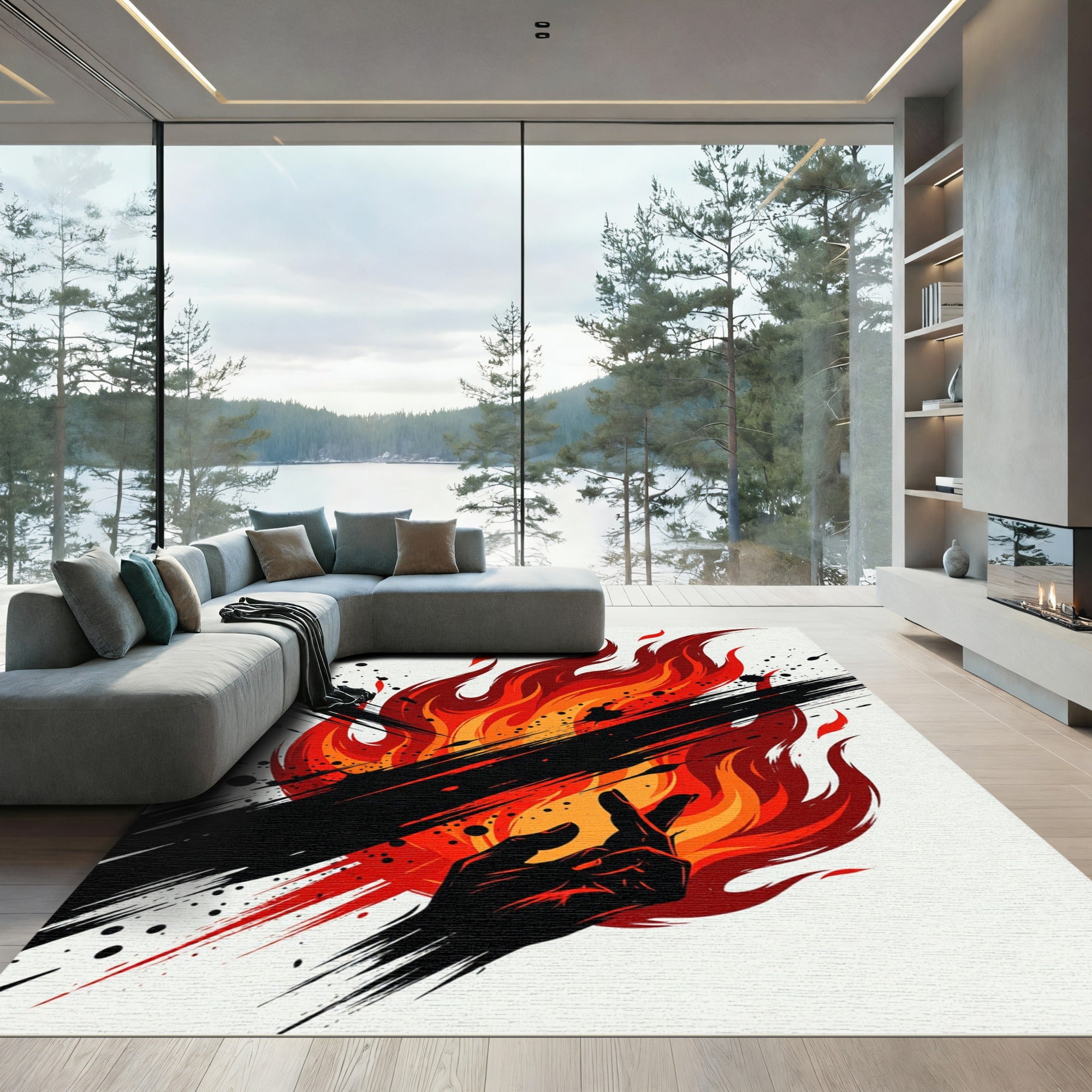 Fiery Red Abstract Ink Stroke Rug