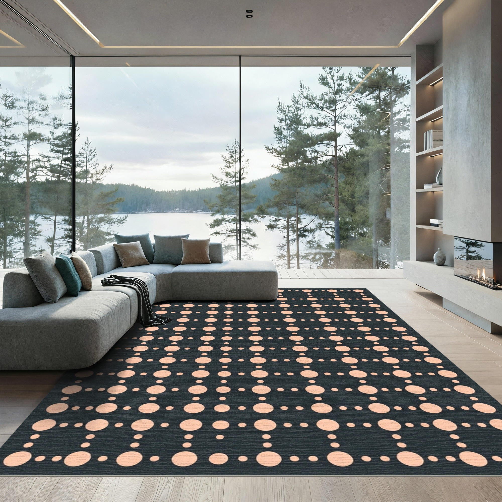 Peach Circles Grid Dark Background Rug