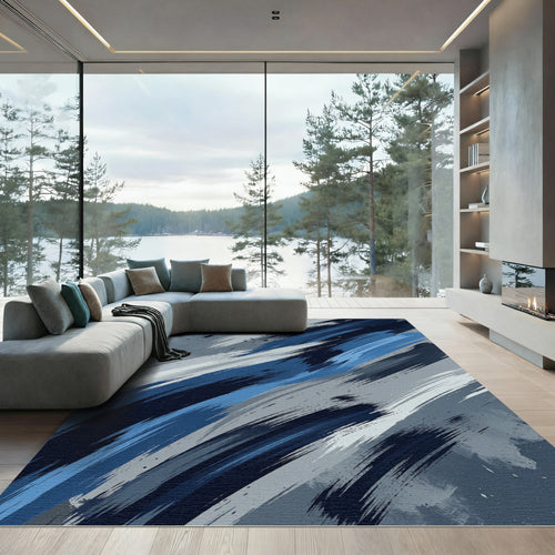 Abstract Blue Gray Brush Stroke Rug