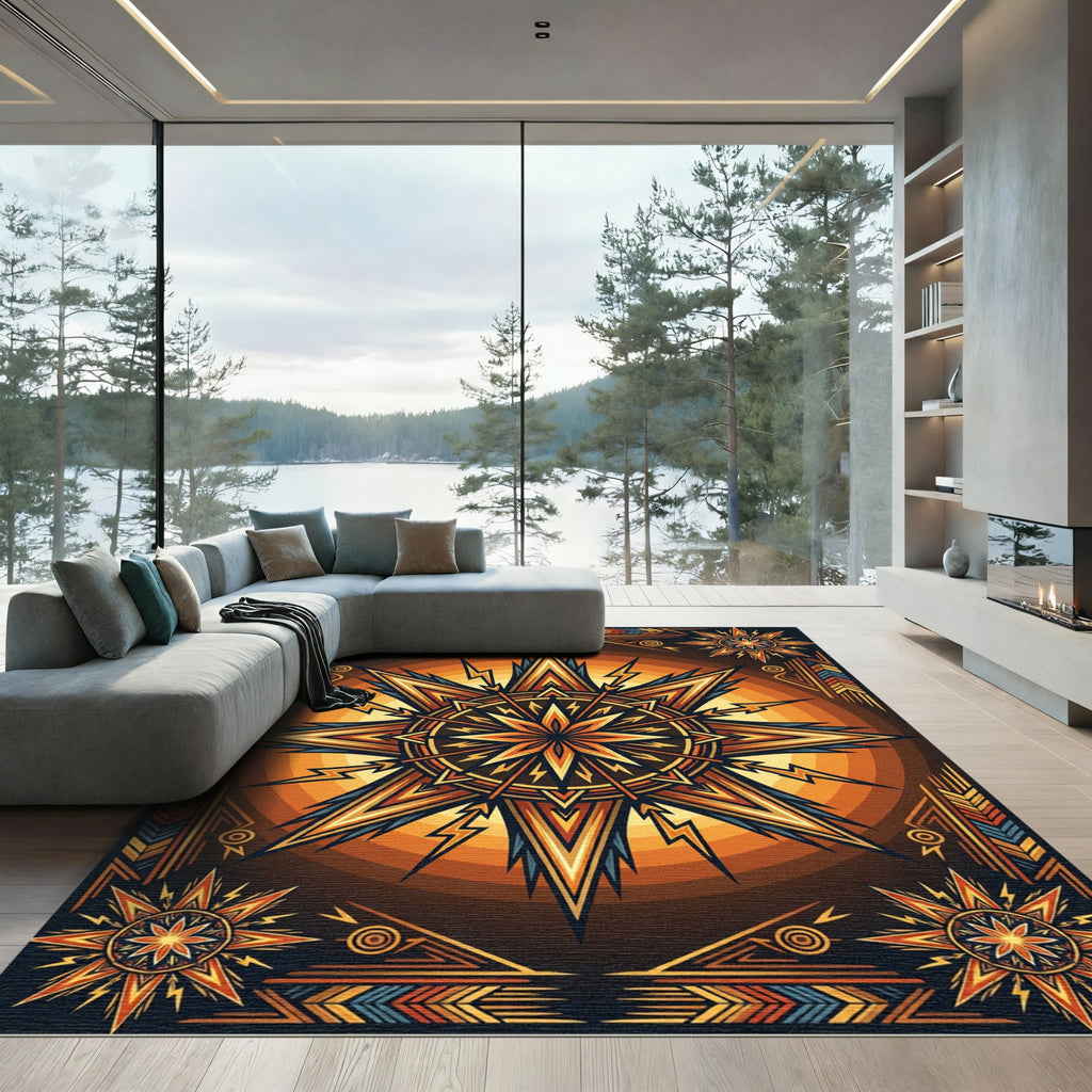 Radiant Golden Celestial Sunburst Art Rug