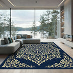 Ornate Gold Celestial Sun Navy Tapestry Rug