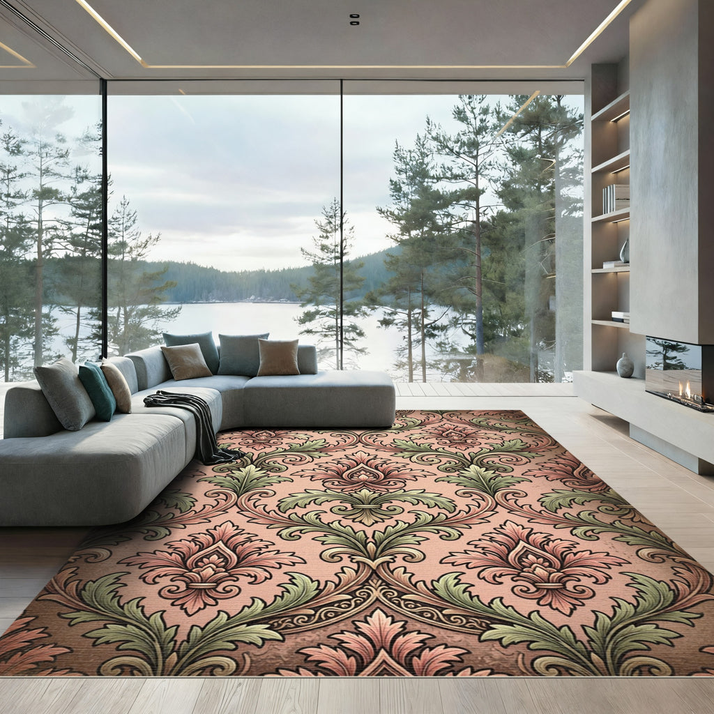 Rose Gold Vintage Floral Damask Rug