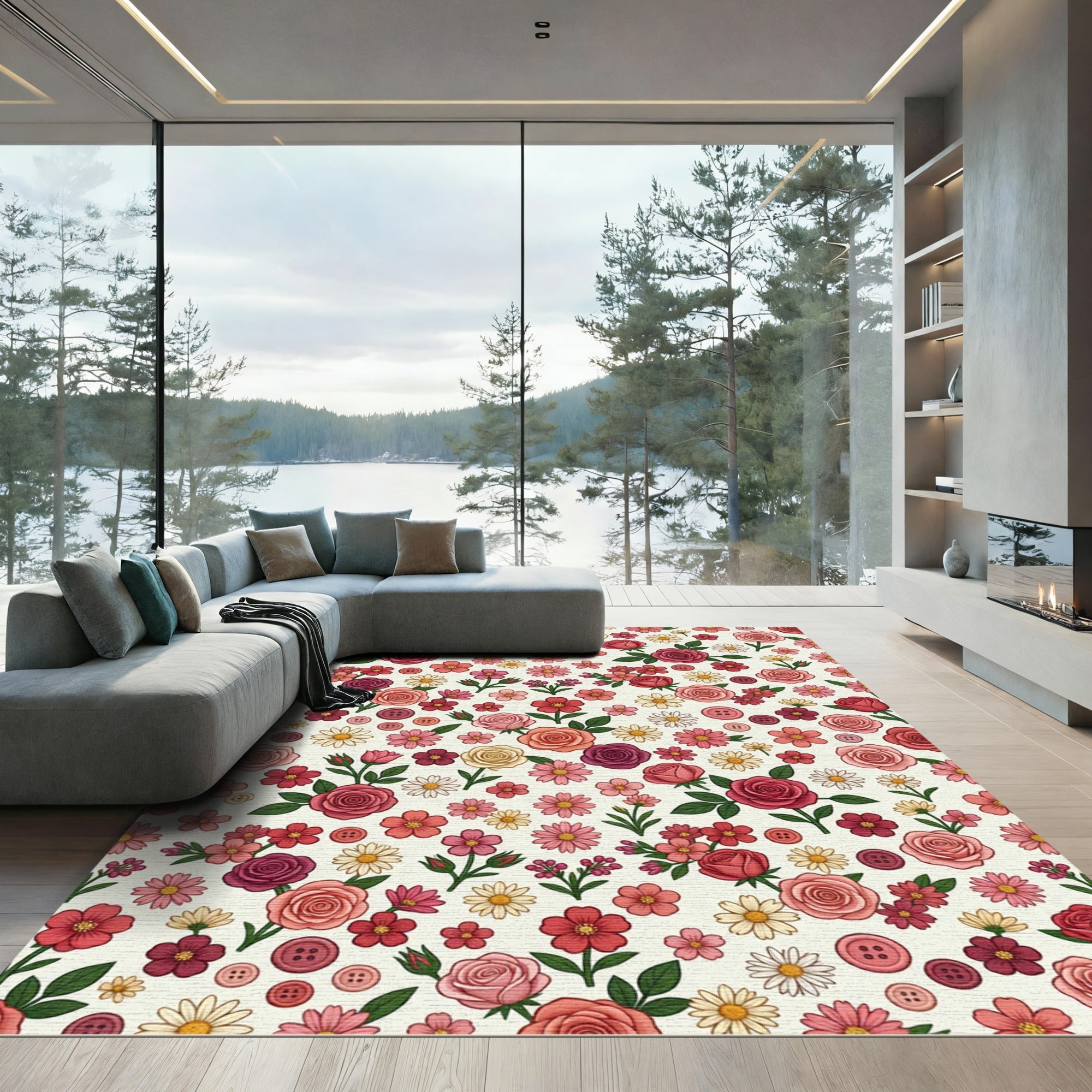 Romantic Red Pink Floral Button Collage Rug