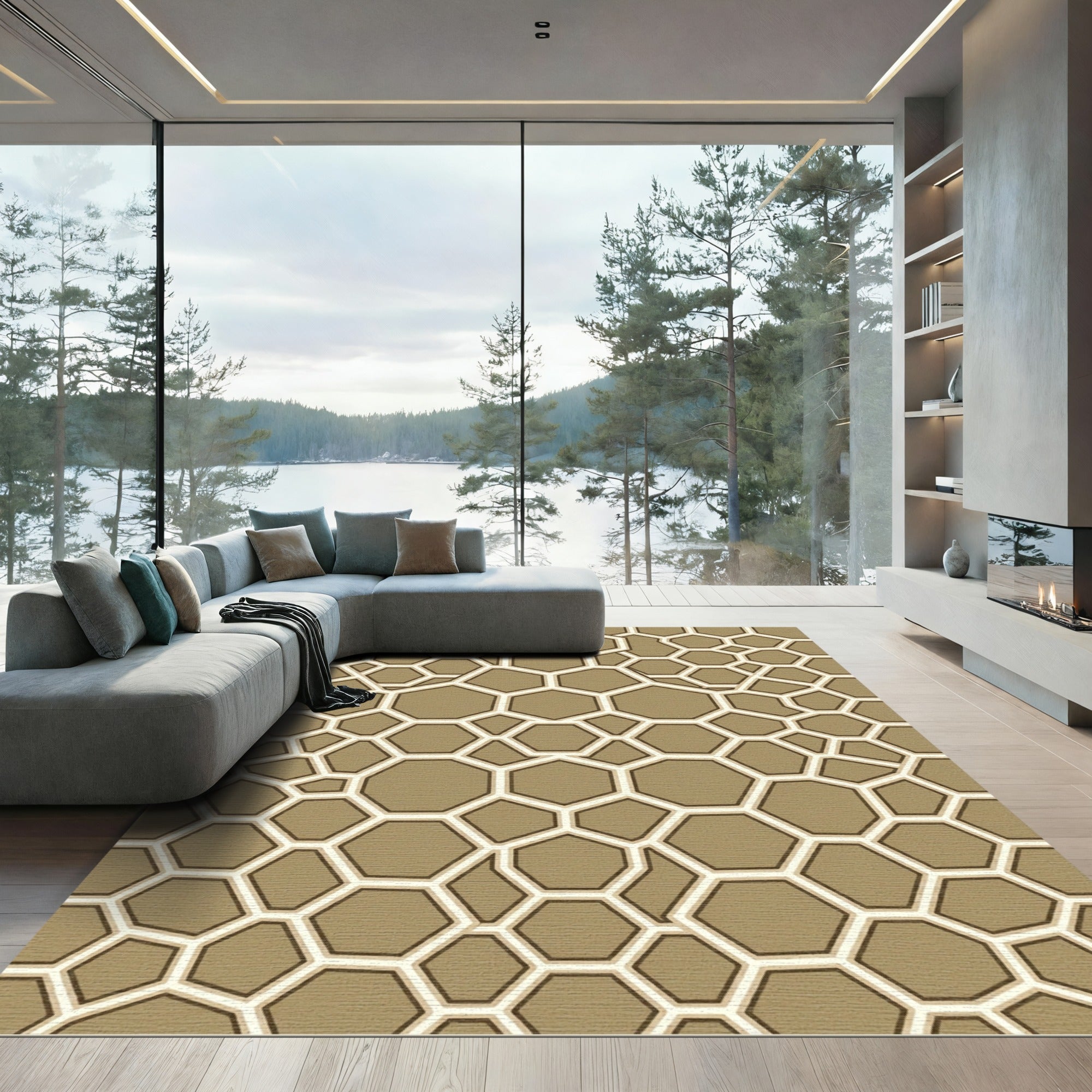 Tan Hexagon Overlay Geometric Abstraction Rug