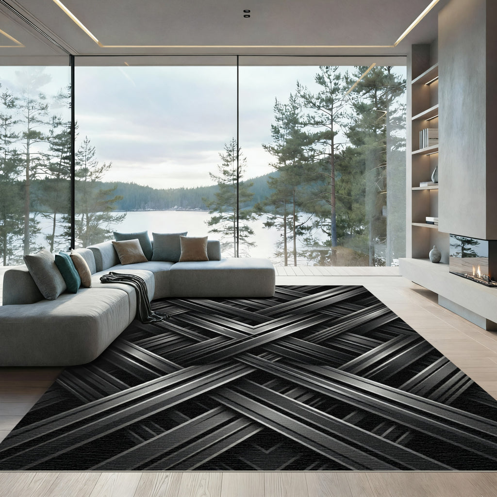 Metallic Interlocking Geometric Charcoal Rug