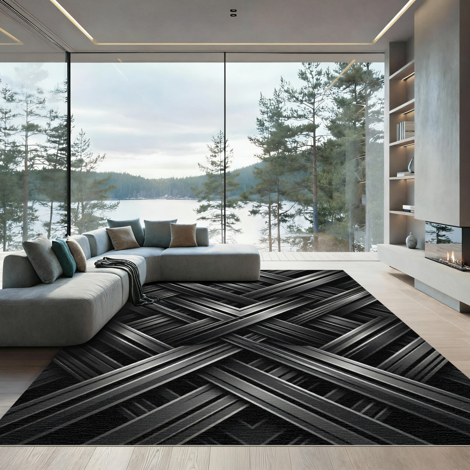 Metallic Interlocking Geometric Charcoal Rug