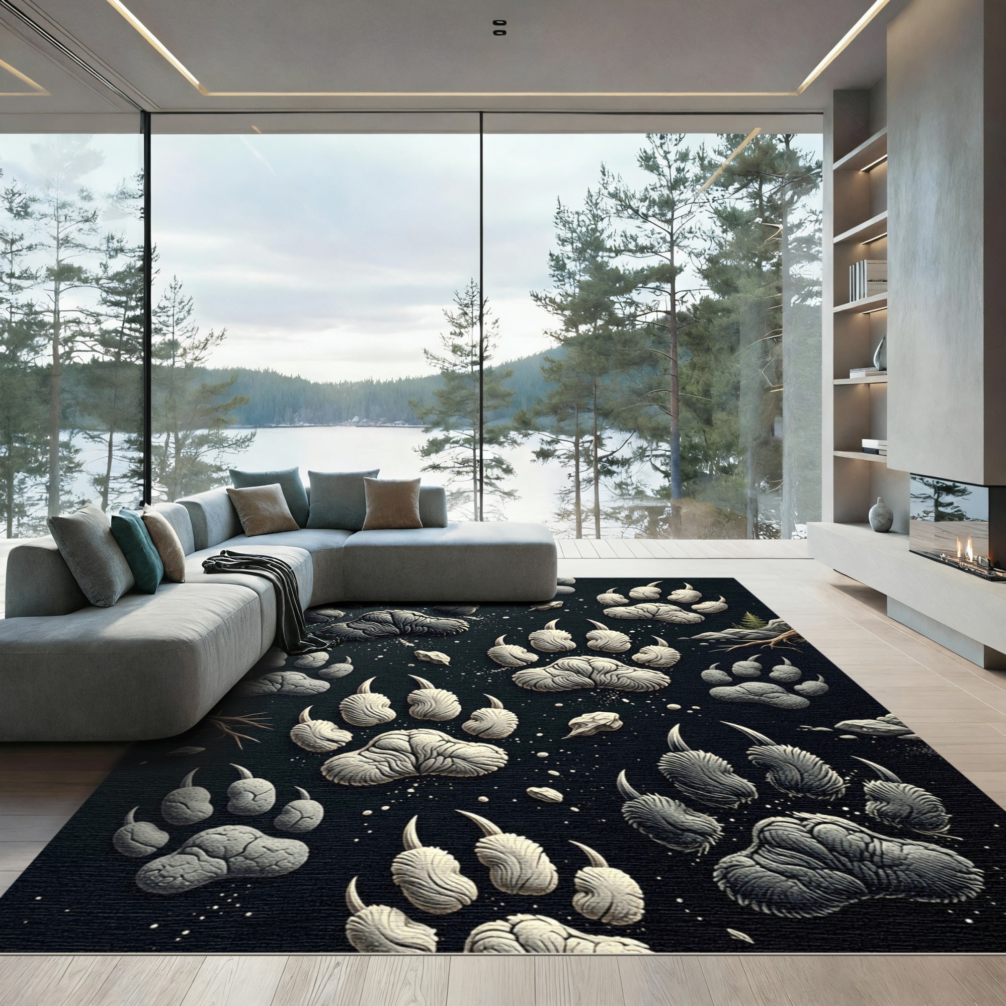 Gray Abstract Paw Impression Rug