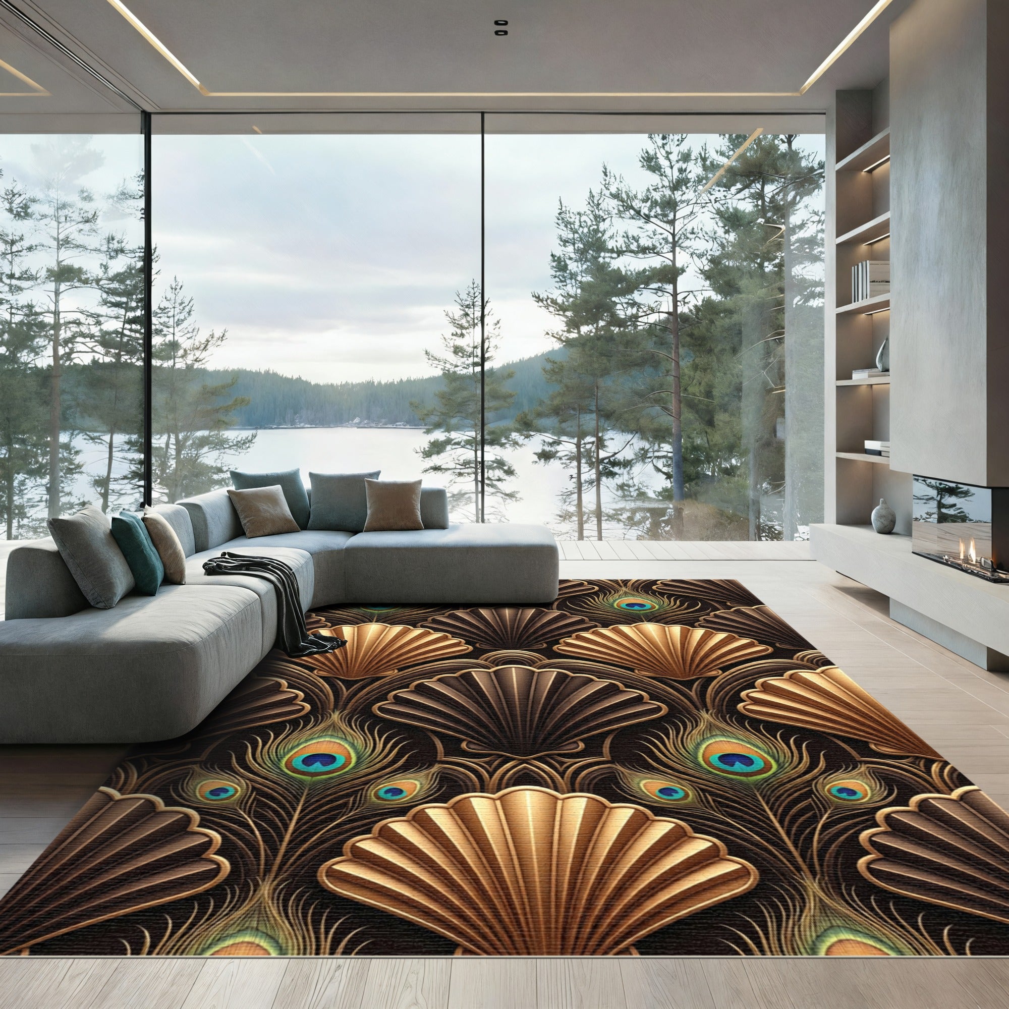 Art Deco Gold Brown Shells Peacock Feathers Rug