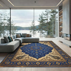 Ornate Indigo Floral Medallion Scroll Rug