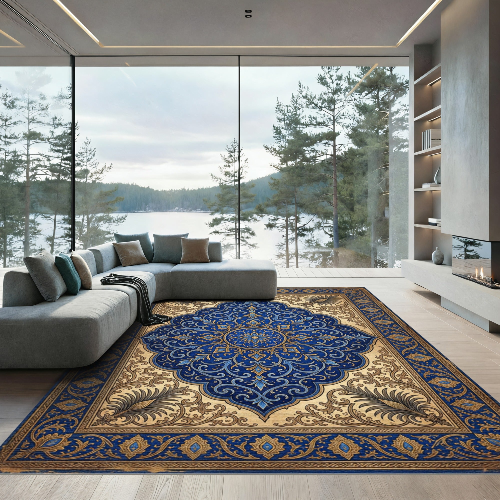 Ornate Indigo Floral Medallion Scroll Rug