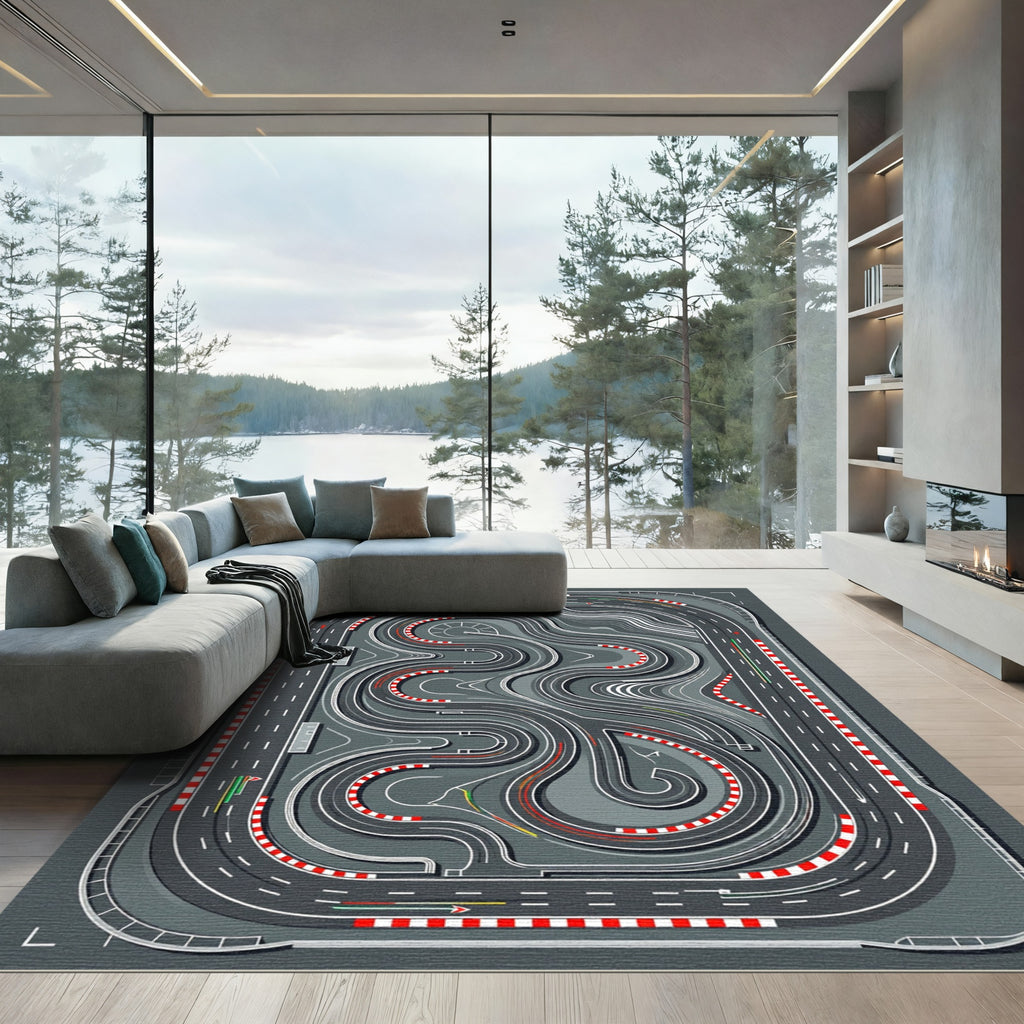 Abstract Monochrome Racetrack Circuit Grid Rug