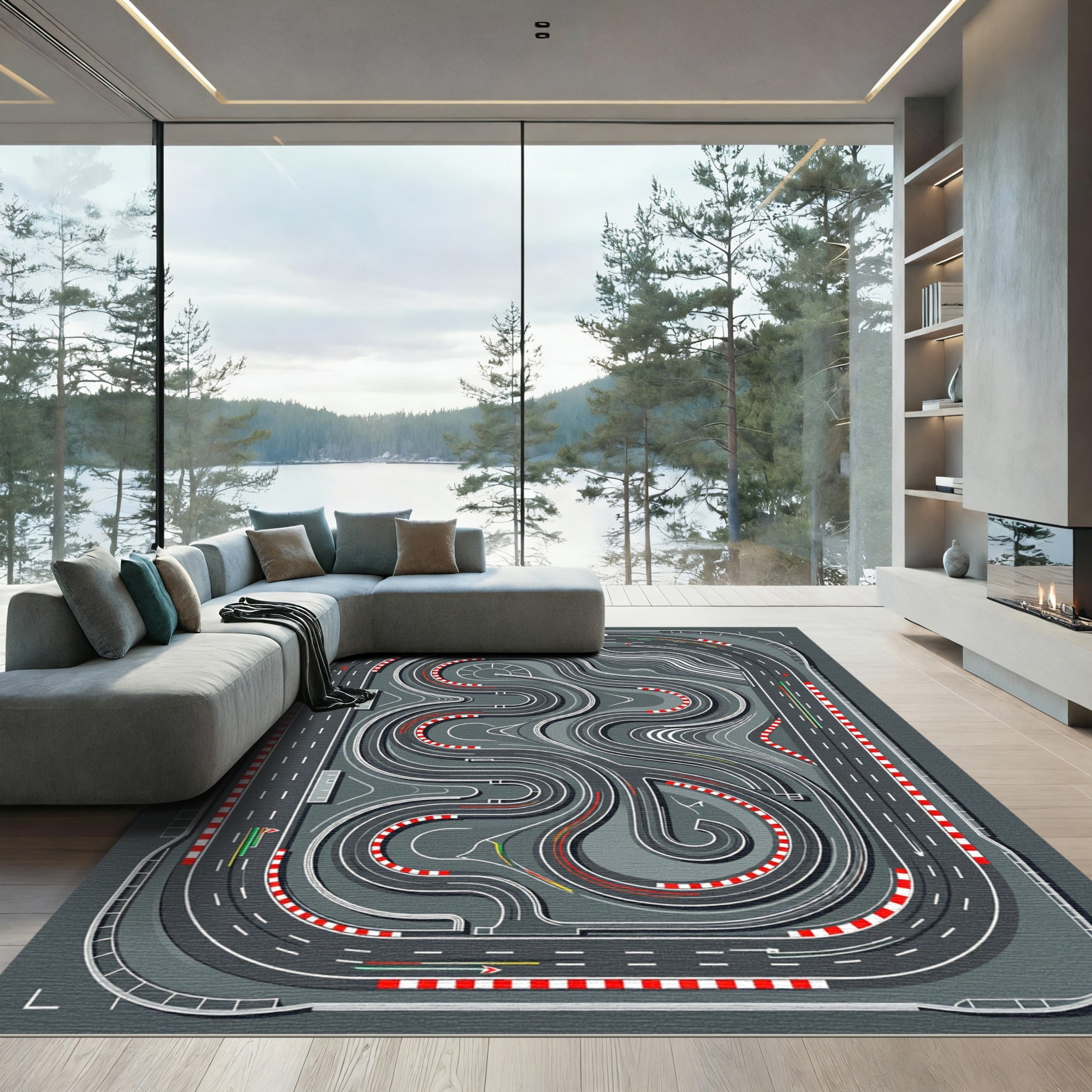 Abstract Monochrome Racetrack Circuit Grid Rug