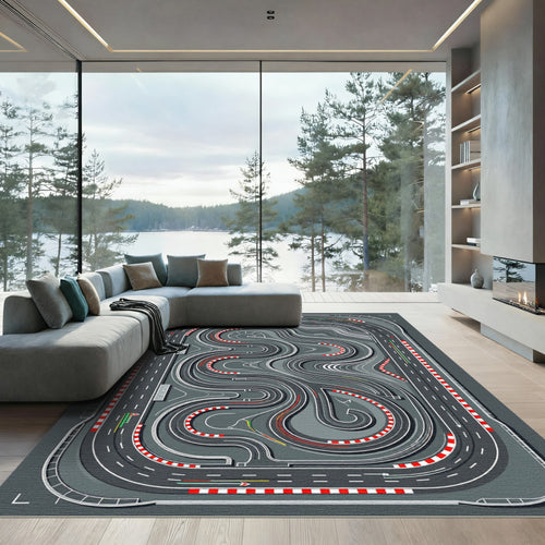 Abstract Monochrome Racetrack Circuit Grid Rug