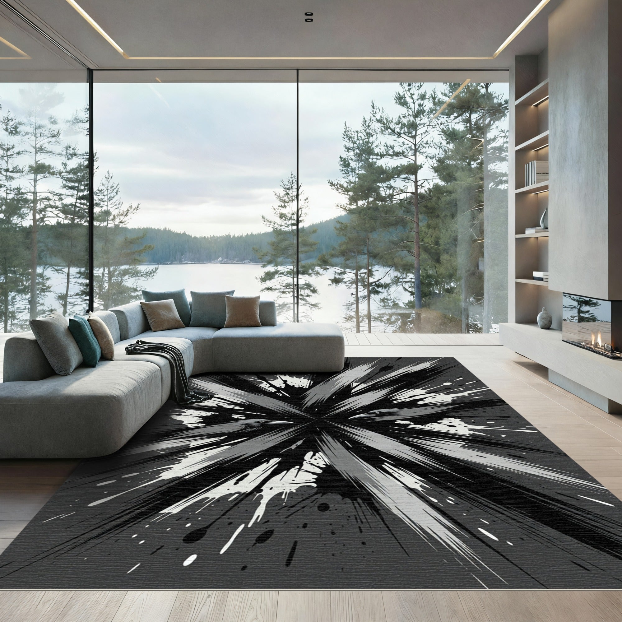Abstract Monochromatic Raven Burst Ink Art Rug