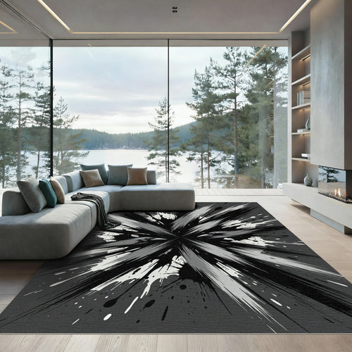 Abstract Monochromatic Raven Burst Ink Art Rug
